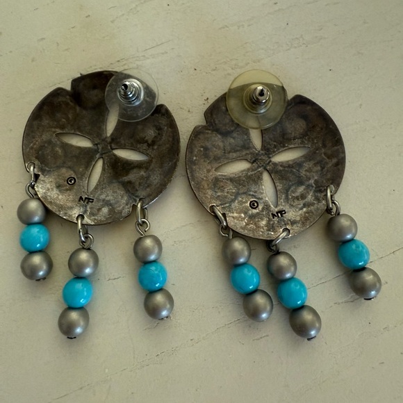 Silver Vintage Navajo Turquoise Dangle Sand dollar Earrings - Picture 4 of 5